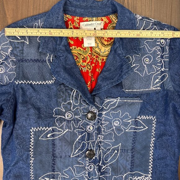 Coldwater Creek Denim Jacket Women’s PS Blue Floral Embroidered Patchwork Boho - Picture 15 of 16